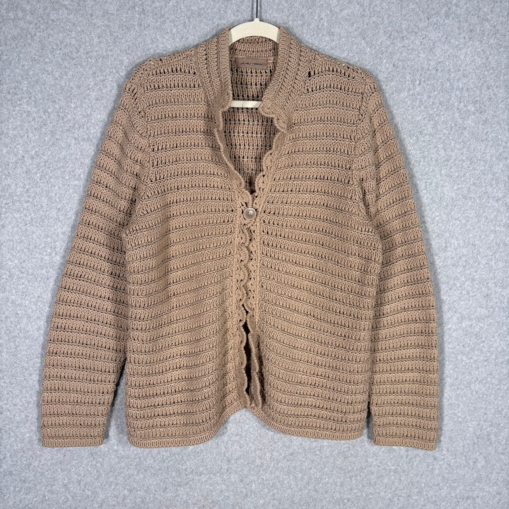 i.e. relaxed Crochet Cardigan Sweater Large Tan Scalloped Artsy Cottage Grandma